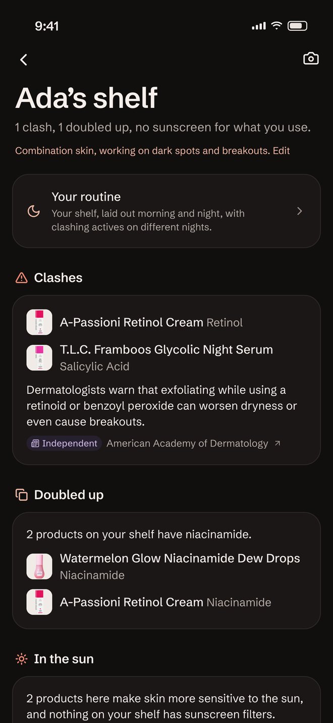 A shelf with Drunk Elephant A-Passioni and T.L.C. Framboos, Glow Recipe Dew Drops, Glossier Milky Jelly and Tatcha, checked together: one clash, one doubled up, no sunscreen.