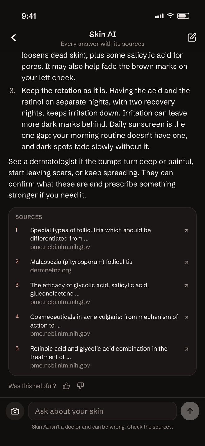 Skin AI answering what the small bumps on the forehead are and what on the shelf helps, with five numbered sources from PubMed Central and DermNet under the answer.